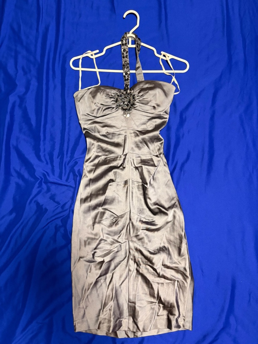 Xscape Silver Satin Strapless Cocktail Dress with Jeweled Halter